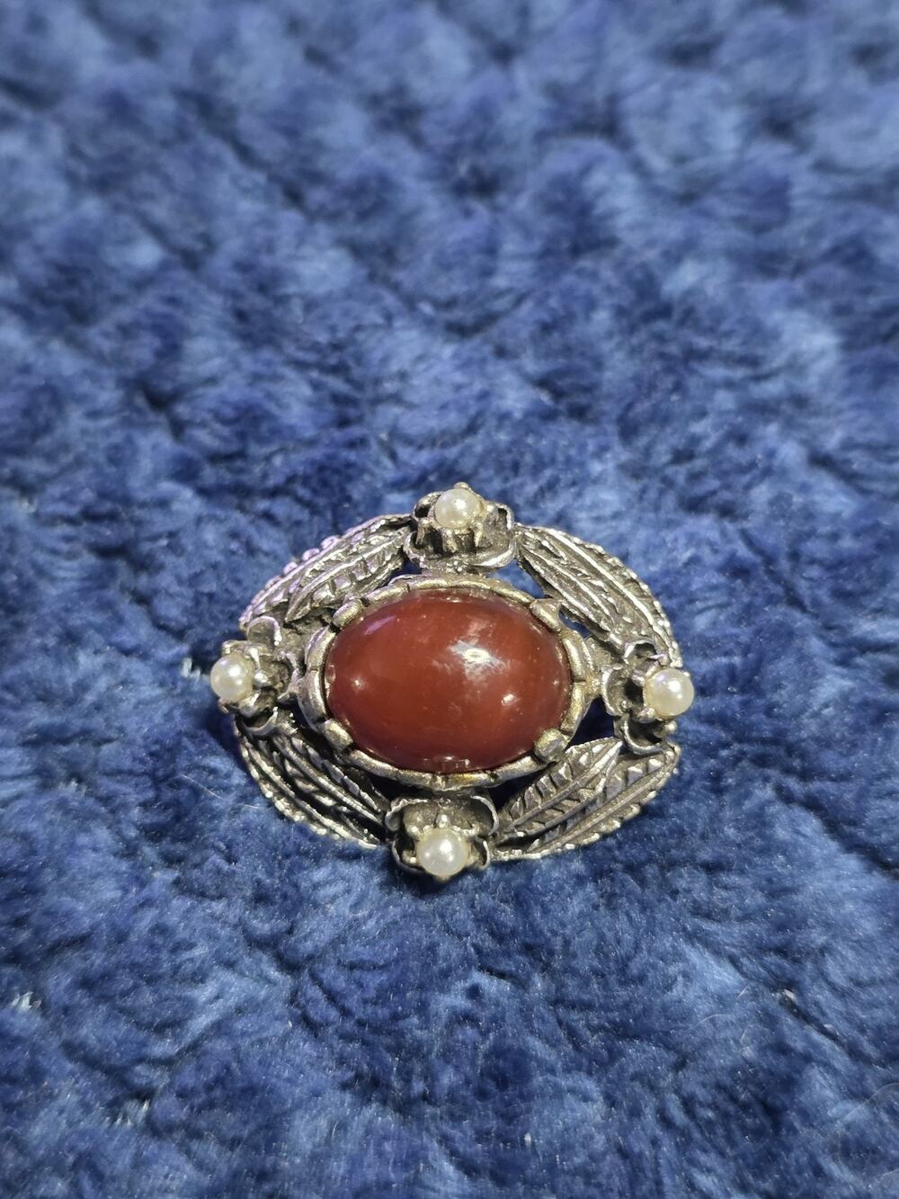Vintage Signed W Germany Carnelian Agate Brooch Pin Faux Pearl Celtic Leaf Oval